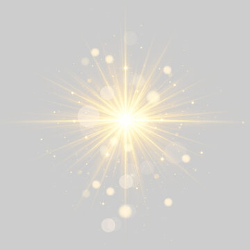 Magical golden flare forms a brilliant star with soft luminous halo PNG. Sparkling dust surrounds the glowing center beautifully. Vector illustration for luxury backgrounds