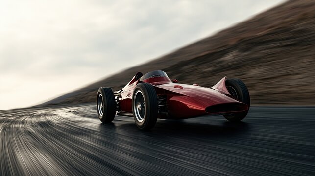 Vintage red open wheel race car speeds along a mountain road