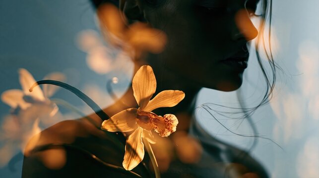 Silhouette portrait of a serene beauty with delicate flower