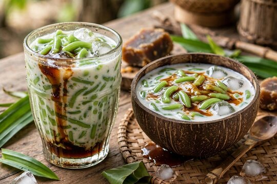 Es Dawet Ayu Jadul Traditional Indonesian Dessert with Green Rice Flour Jelly Coconut Milk Palm Sugar and Jackfruit