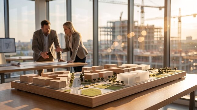 Architects discuss a new building project model in a modern office during golden hour