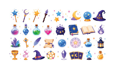 Fototapeta premium Magical fantasy icons collection with wands, potions, crystals, and spellbooks