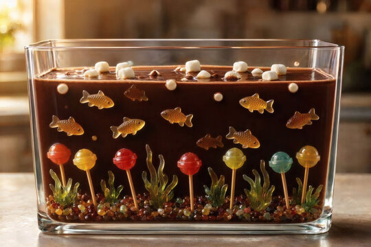 Creative surreal food art of a hot cocoa aquarium in a rectangular glass container featuring golden gummy candy fish, lollipops and marshmallows
