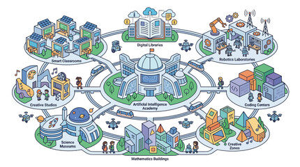 Naklejka premium Futuristic Artificial Intelligence Academy Campus Infographic Illustration