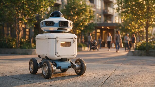 Autonomous delivery robot traveling on a city sidewalk during a beautiful golden sunset