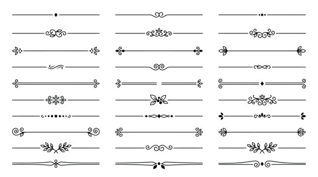 Vintage decorative dividers and ornamental line borders. Elegant flourish rule set for wedding invitations. 30 black vector design elements.