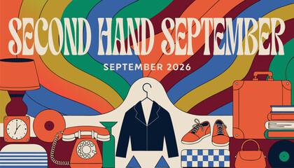 Fototapeta premium Second hand september retro style graphic design with vintage household objects