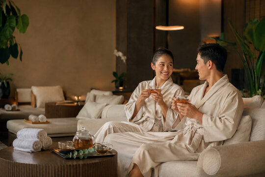 happy asian couple relaxing in luxury spa resort with tea