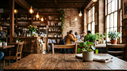 Fototapeta premium Cozy restaurant interior with wooden tables, chairs, and warm lighting