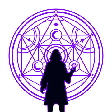 Hooded wizard silhouette standing before a glowing purple magic circle with celestial geometry symbols