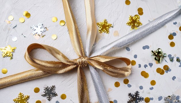 elegant gold and silver cords tied in bows on a textured white background with scattered gold and silver foil flakes