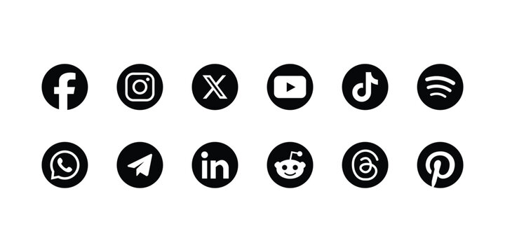 Social media logo icons svg . Facebook, Instagram, X , YouTube, LinkedIn, Threads, Pinterest, Telegram, Discord, Spotify, WhatsApp & TikTok . vector circle button set 2026