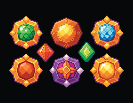 Colorful geometric gemstones with transparent background for digital design use