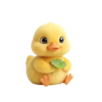 Adorable yellow duckling holding a green clover leaf. Cute baby duck character with soft fuzzy texture. Whimsical farm animal on white background.