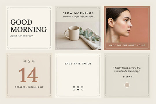 Minimalist social media template set, elegant lifestyle instagram post collection, neutral beige aesthetic branding kit