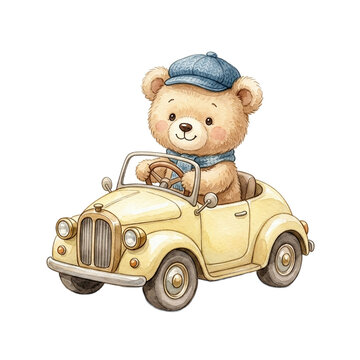 Font specimen cute teddy bear in cap driving vintage car as cut out PNG