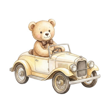 Font specimen watercolor teddy bear driving classic car as transparent cutout