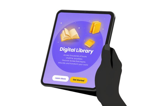 A Person Holding A Digital Tablet Displaying A Vibrant Modern Digital Library App Interface