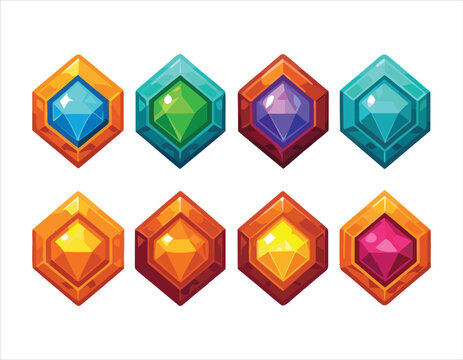 Colorful hexagonal gemstones with shiny crystal interiors isolated design elements