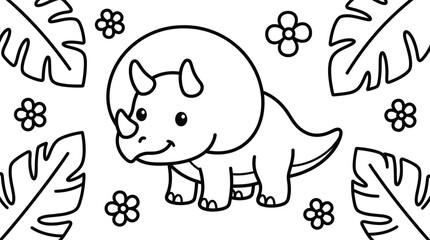 Cute Triceratops Dinosaur Coloring Page for Kids with Tropical Leaves and Flowers A cute triceratops dinosaur line art illustration for children. © Malika