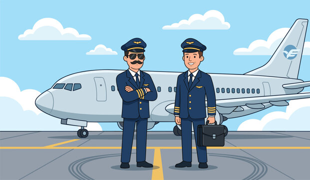 Two Airline Pilots in Uniform Standing on Airport Runway Runway with Commercial Airplane Passenger Jet Background Vector Cartoon Illustration