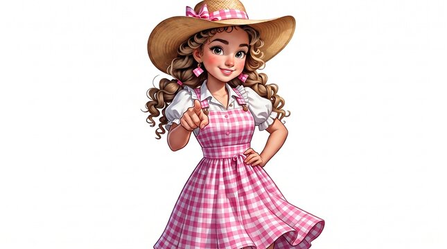 Menina loira de cabelo cacheado caipira com chap&eacute;u de palha apontando para frente  festa junina country	fundo transparente
