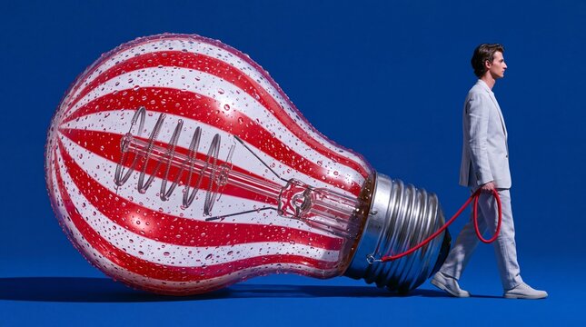 Businessman Pulling Giant Striped Light Bulb on Blue Background