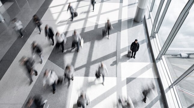 High Angle View of Travelers in Busy Airport Terminal