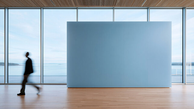 Blank Mockup Wall in Modern Gallery Overlooking Ocean