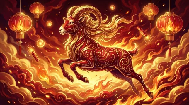 Crimson caprine leap: Chinese calendar, Eastern Sheep, Goat banner, New template, design poster, invitation card, business flyer, background wallpaper, congratulation fire, 2027 holiday.