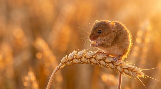 Harvest Mouse Perched on Wheat Ear Eating Grain at Sunset