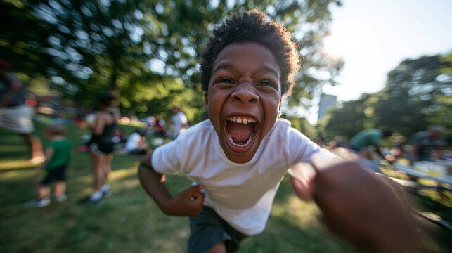 Energetic Boy Shouting While Running Outdoors in Park