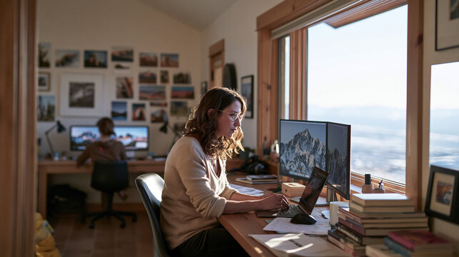 Female Freelancer Working on Laptop in Scenic Home Office