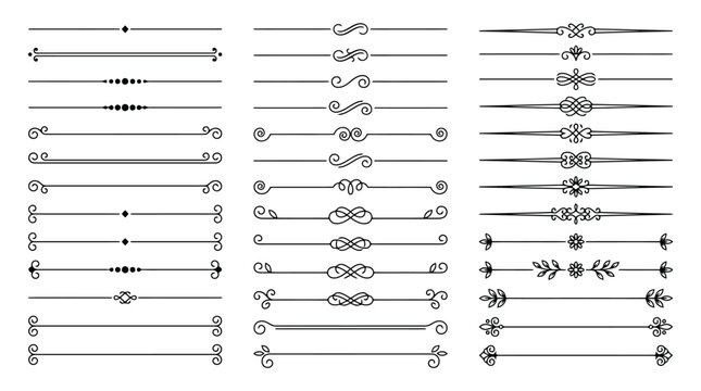 Vintage decorative dividers and ornamental line borders, set of 42 elegant calligraphic flourishes, black vector filigree design elements