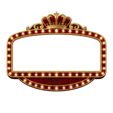 Font specimen red marquee sign board frame with golden crown and glowing bulbs as isolated object