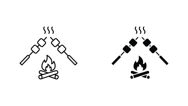 Campfire with marshmallows on sticks vector icon set in outline and solid black for camping activity