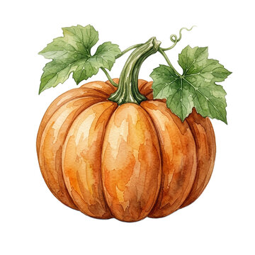 Font specimen watercolor autumn pumpkin with green leaves and vine as clean cutout