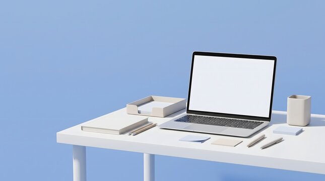 Minimalist e-learning workspace with a blank screen laptop on a white desk, blue background