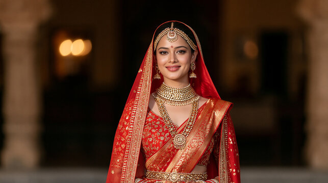 Happy Indian bride wearing a richly decorated red and gold traditional outfit, ornate jewelry, elegant makeup, warm indoor lighting, traditional wedding, bridal fashion, Indian