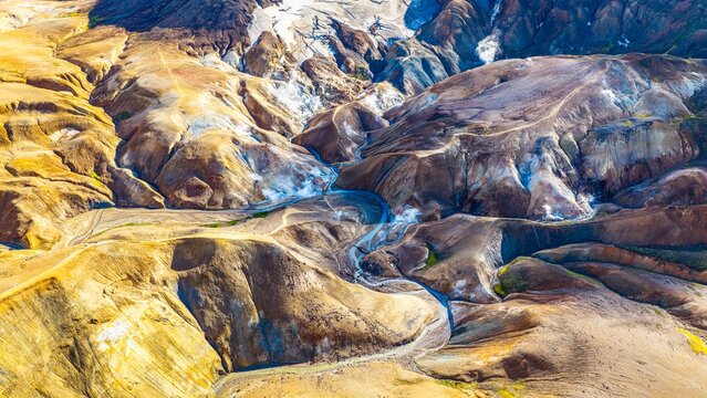 Aerial view of the colorful geothermal mountains and steaming vents of Kerlingarfjoll in Hrunamannahreppur, Iceland.