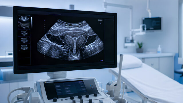 Endometrial hyperplasia radiology concept showing thickened endometrium on pelvic ultrasound monitor in a clean clinical imaging room for healthcare education, gynecology, and patient information