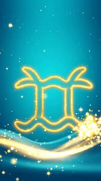Vertical video of golden glowing Aquarius zodiac sign with sparkles