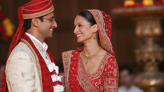 Indian couple exchanging warm smiles during a traditional wedding ceremony, ornate clothing, floral decorations, emotional moment, marriage celebration, Indian wedding, cultural