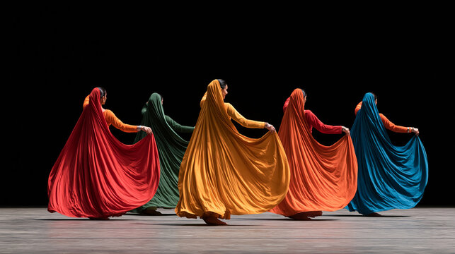 Group of professional Indian dancers performing energetic choreography in colorful traditional clothing, flowing fabrics, expressive movement, cultural celebration, Indian dance,