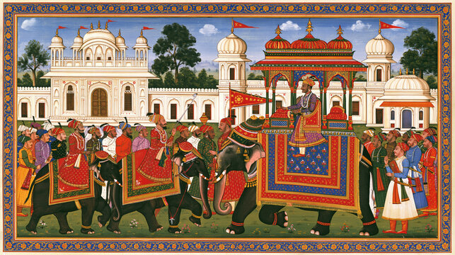 Historical miniature-style artwork showing royal Indian rulers traveling on decorated elephants through a ceremonial landscape, intricate ornamental details, traditional painting