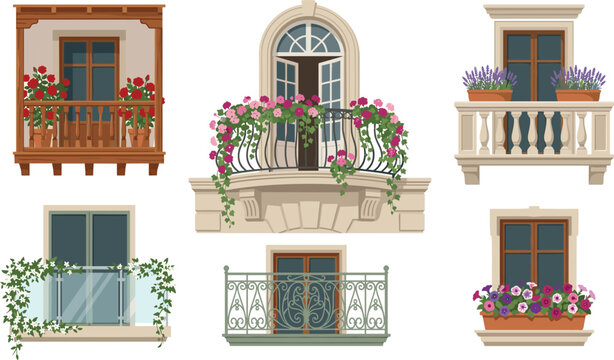 Vintage and Modern Window Balcony Vector Set with Colorful Flowers and Elegant Railings for Architectural Graphics, Home Decor, and European Building Illustrations