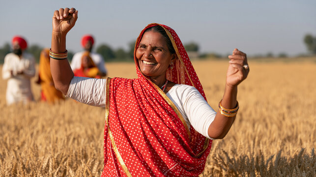 Joyful elderly Indian woman dancing among golden wheat fields during a colorful harvest celebration, traditional clothing, smiling community members, rural festival, Indian