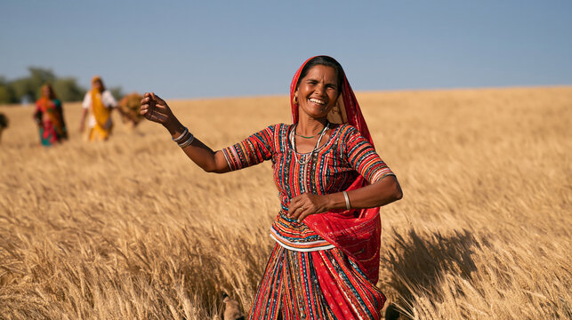 Joyful elderly Indian woman dancing among golden wheat fields during a colorful harvest celebration, traditional clothing, smiling community members, rural festival, Indian