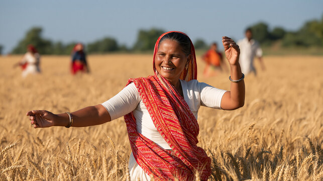 Joyful elderly Indian woman dancing among golden wheat fields during a colorful harvest celebration, traditional clothing, smiling community members, rural festival, Indian