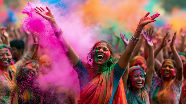 Joyful crowd celebrating a colorful Indian spring festival outdoors, people covered in vivid powder colors, laughing and dancing together, festive atmosphere, cultural